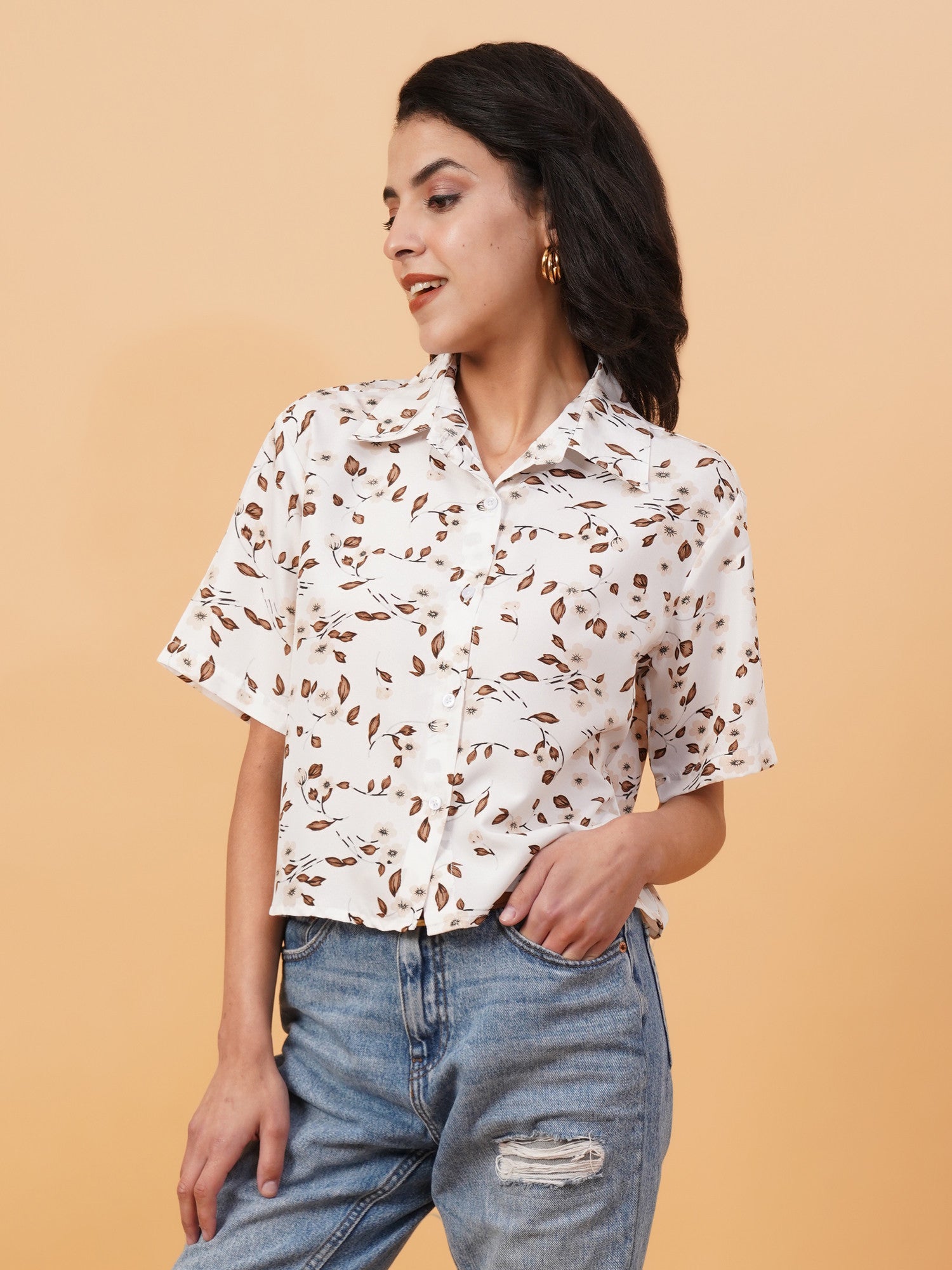KOTTY Women Printed Casual Brown, White Shirt