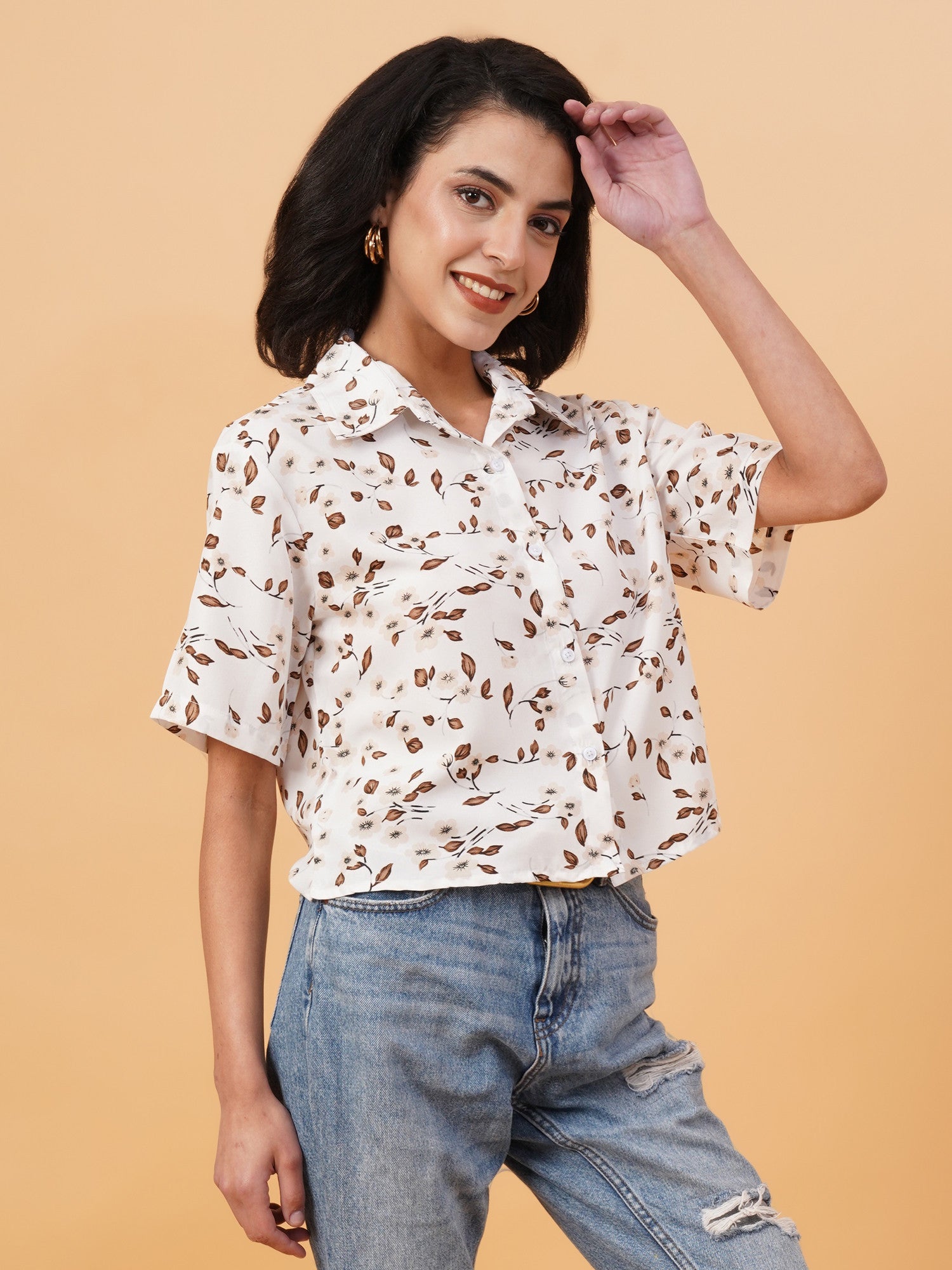 KOTTY Women Printed Casual Brown, White Shirt