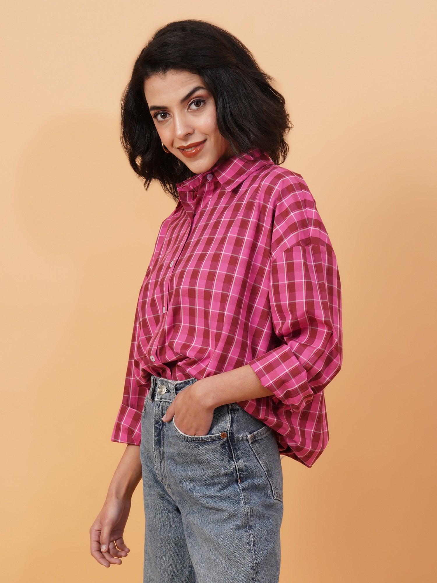 KOTTY Women Checkered Casual Pink Shirt