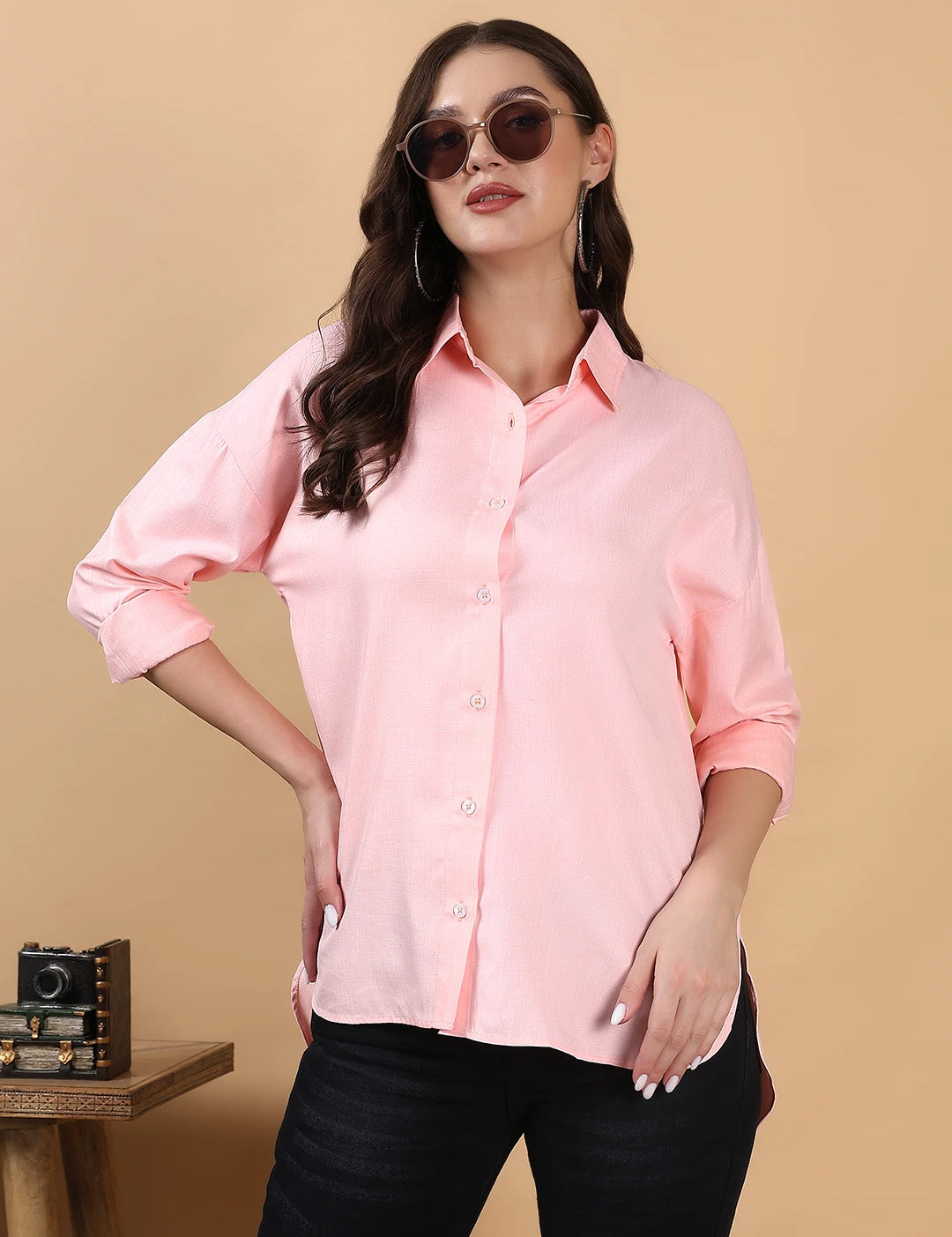 KOTTY Women's Solid Pink Cotton Blend Shirt