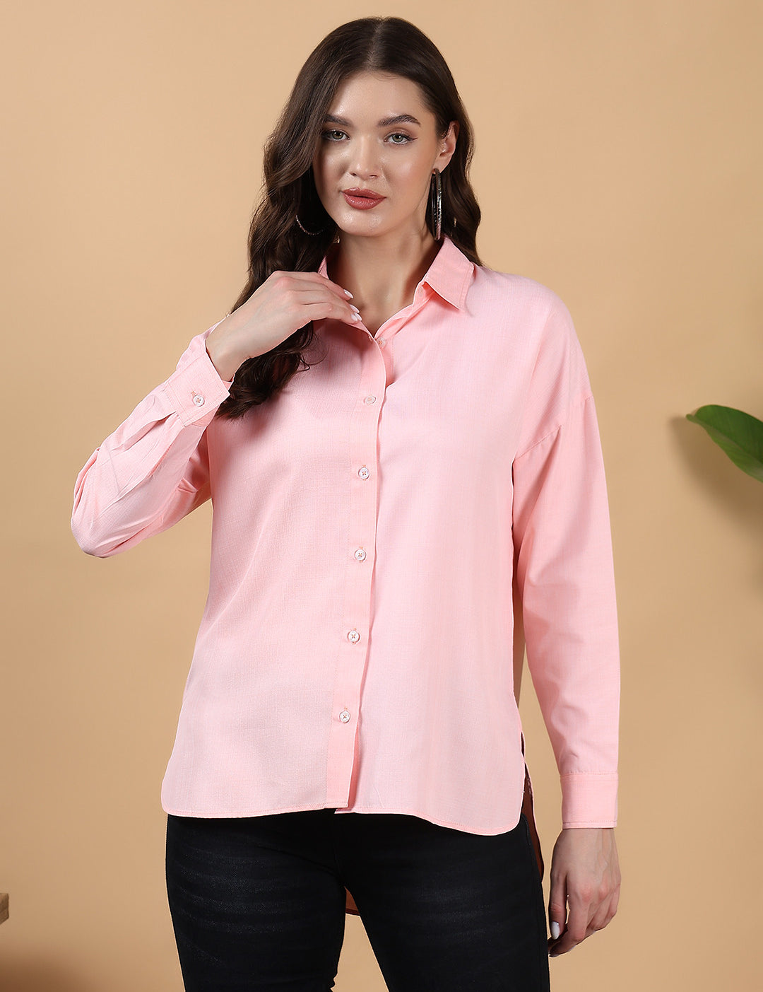 KOTTY Women's Solid Pink Cotton Blend Shirt