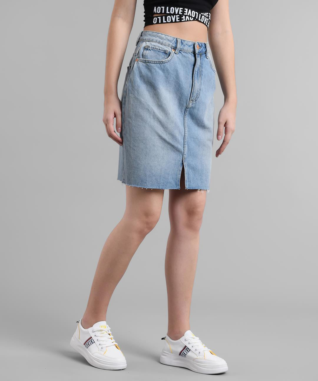 KOTTY Solid Women Straight Blue Skirt 