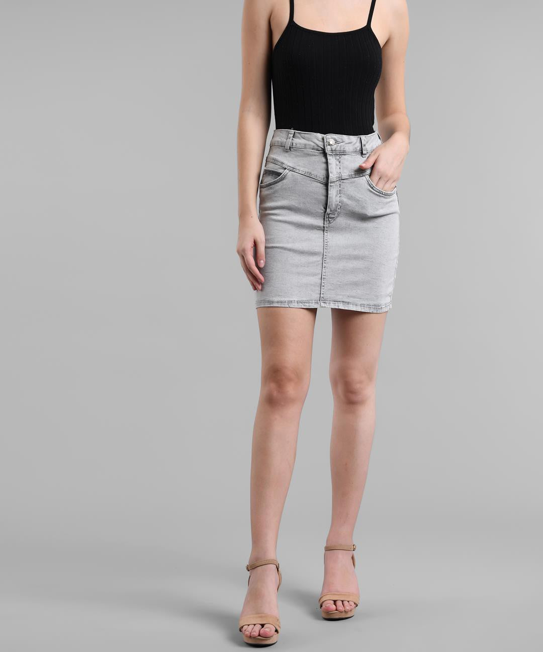 KOTTY Solid Women Straight Grey Skirt 