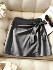Women's High-Waist Pinstripe Wrap A-Line Skirt