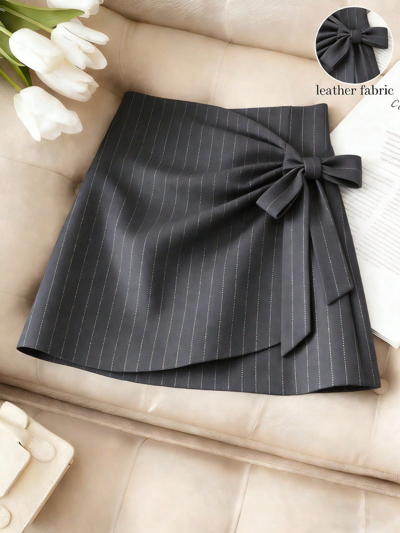 Women's High-Waist Pinstripe Wrap A-Line Skirt