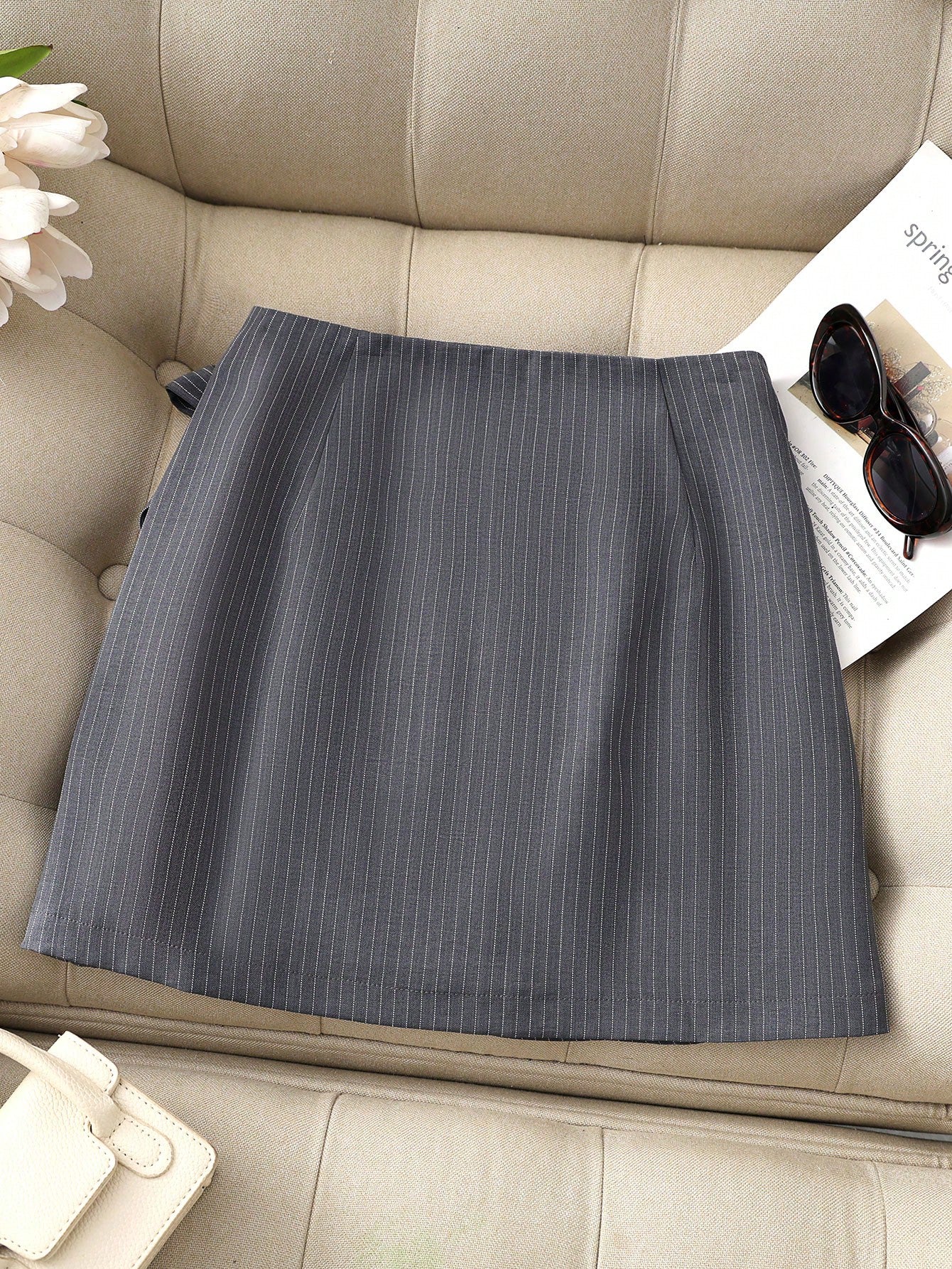 Women's High-Waist Pinstripe Wrap A-Line Skirt