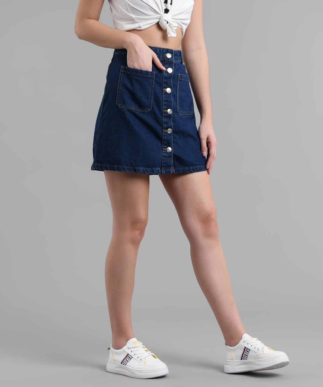 KOTTY Solid Women Straight Dark Blue Skirt 