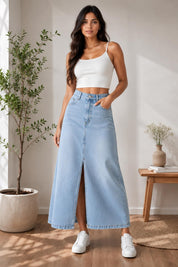 Women's Light Wash Denim Maxi Skirt with Front Slit