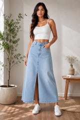 Women's Light Wash Denim Maxi Skirt with Front Slit