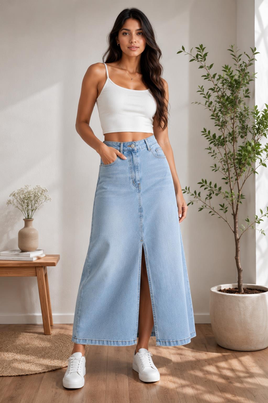 Women's Light Wash Denim Maxi Skirt with Front Slit