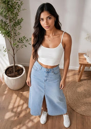 Women's Light Wash Denim Maxi Skirt with Front Slit