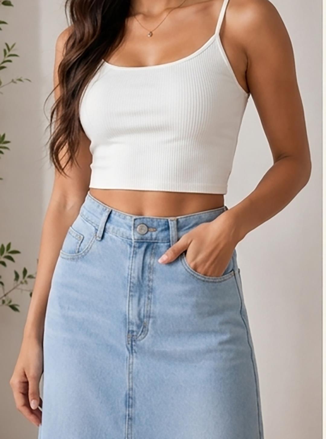 Women's Light Wash Denim Maxi Skirt with Front Slit
