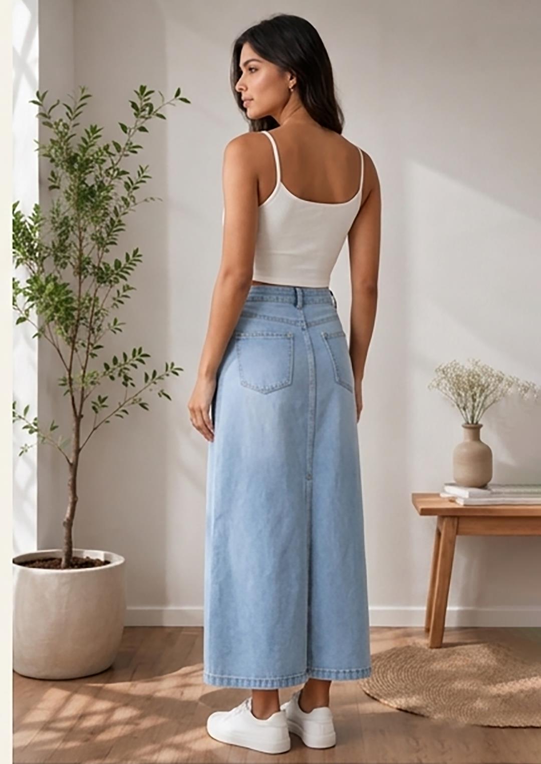 Women's Light Wash Denim Maxi Skirt with Front Slit