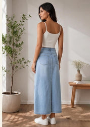 Women's Light Wash Denim Maxi Skirt with Front Slit