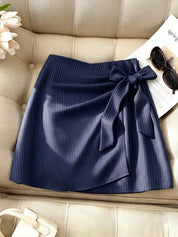 Navy Pinstripe Wrap Mini Skirt with Bow Tie