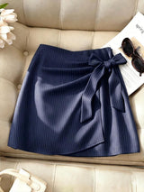 Navy Pinstripe Wrap Mini Skirt with Bow Tie