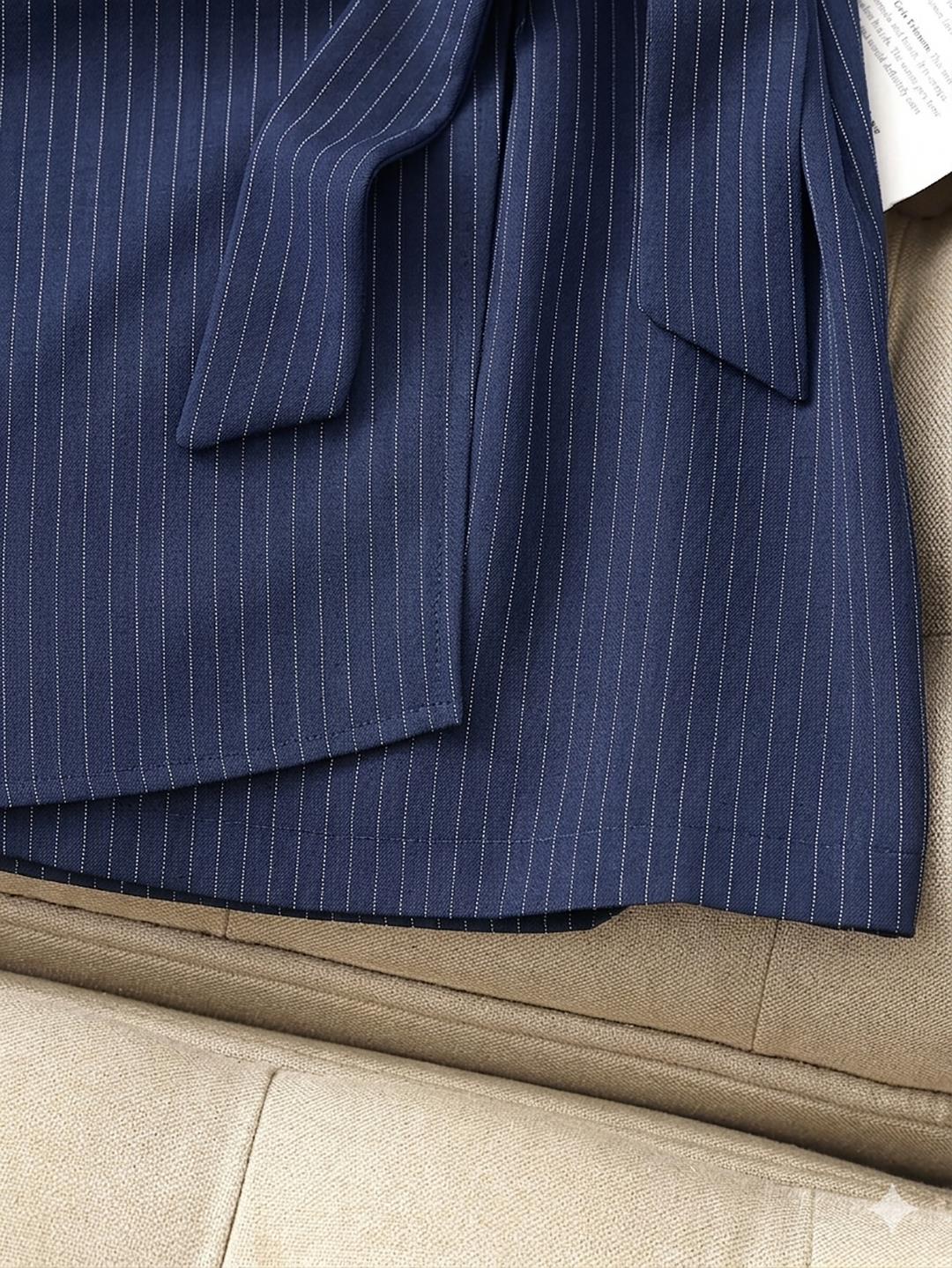 Navy Pinstripe Wrap Mini Skirt with Bow Tie