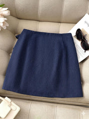 Navy Pinstripe Wrap Mini Skirt with Bow Tie