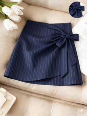 Navy Pinstripe Wrap Mini Skirt with Bow Tie