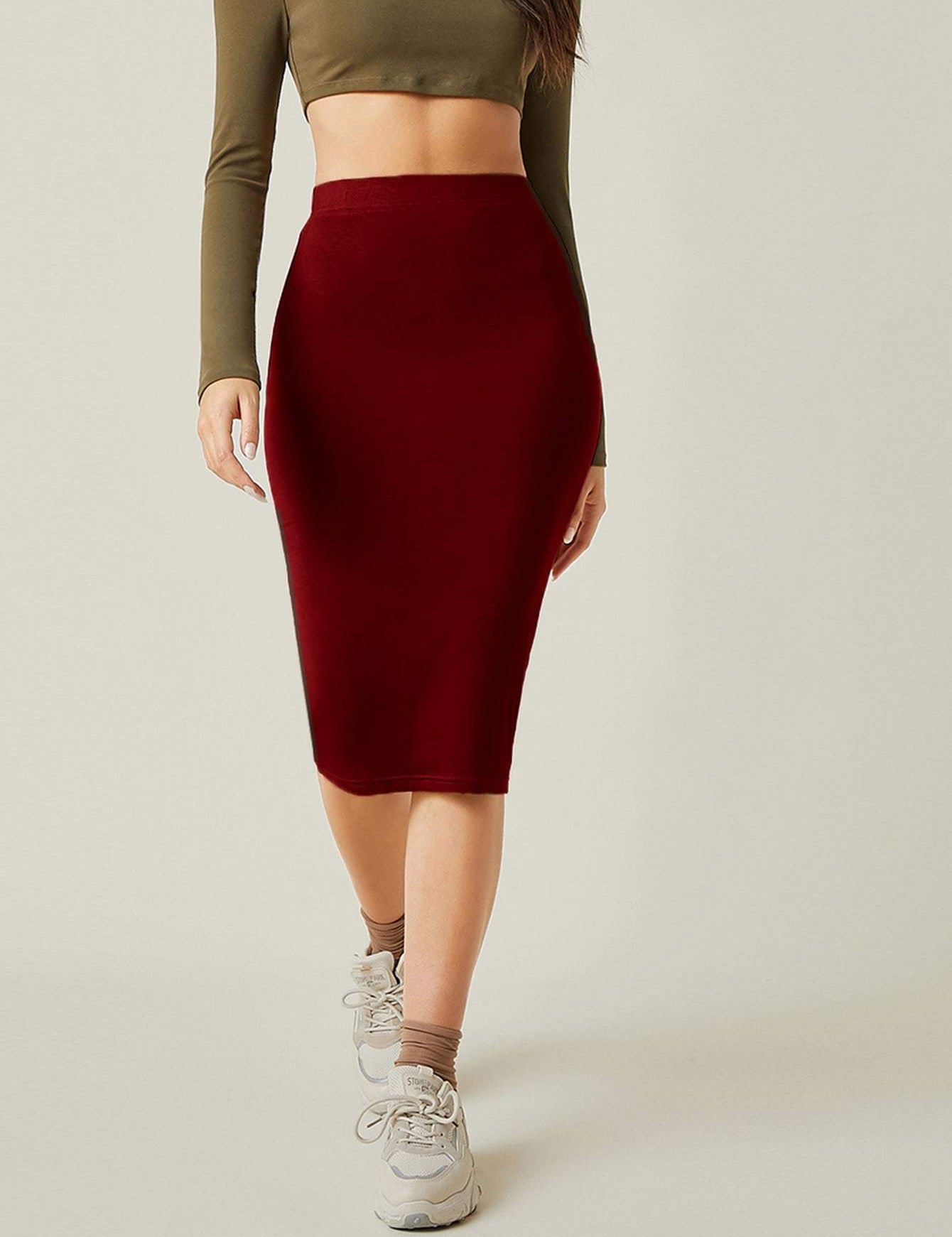 KOTTY Solid Women Pencil Maroon Skirt 