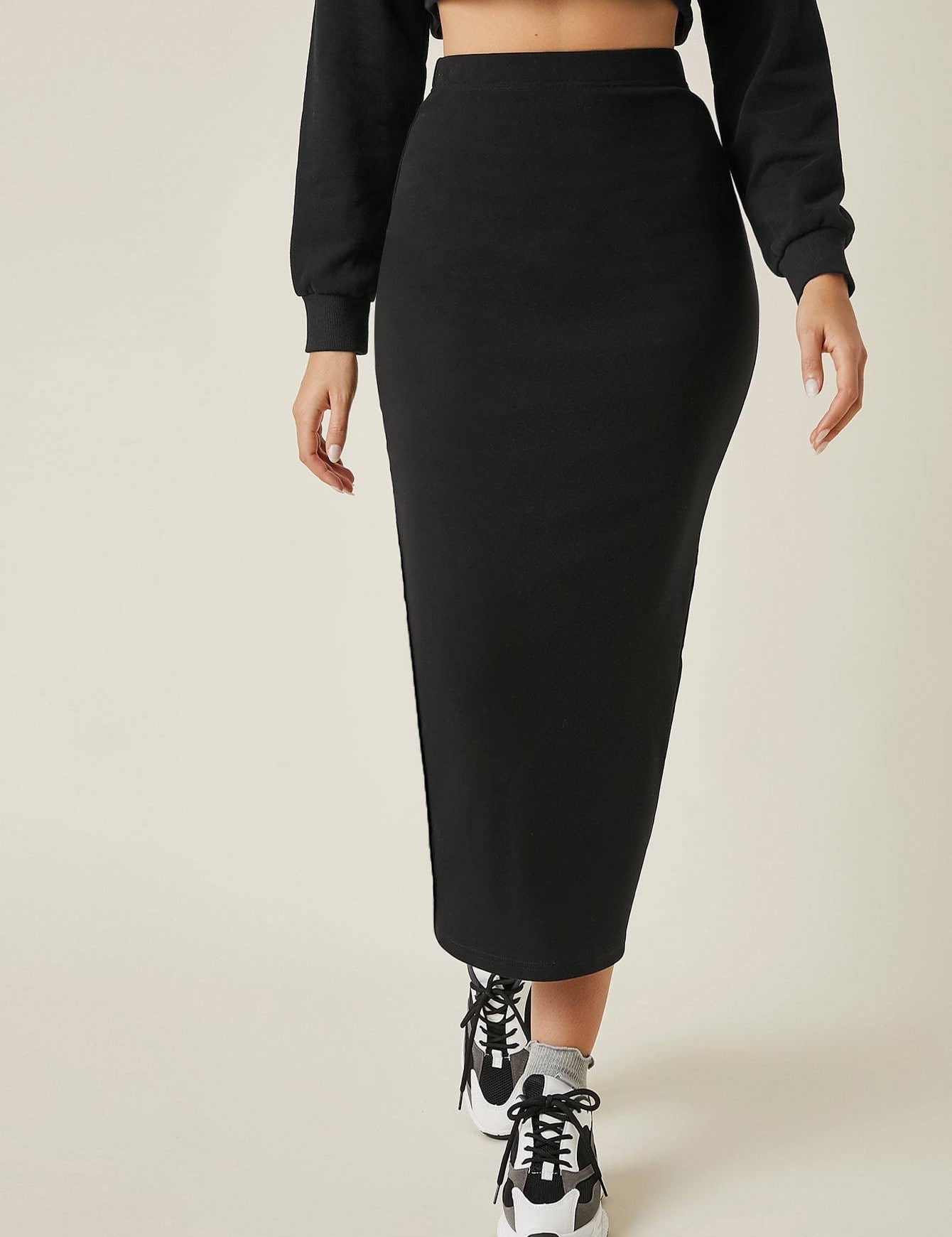 KOTTY Solid Women Pencil Black Skirt 