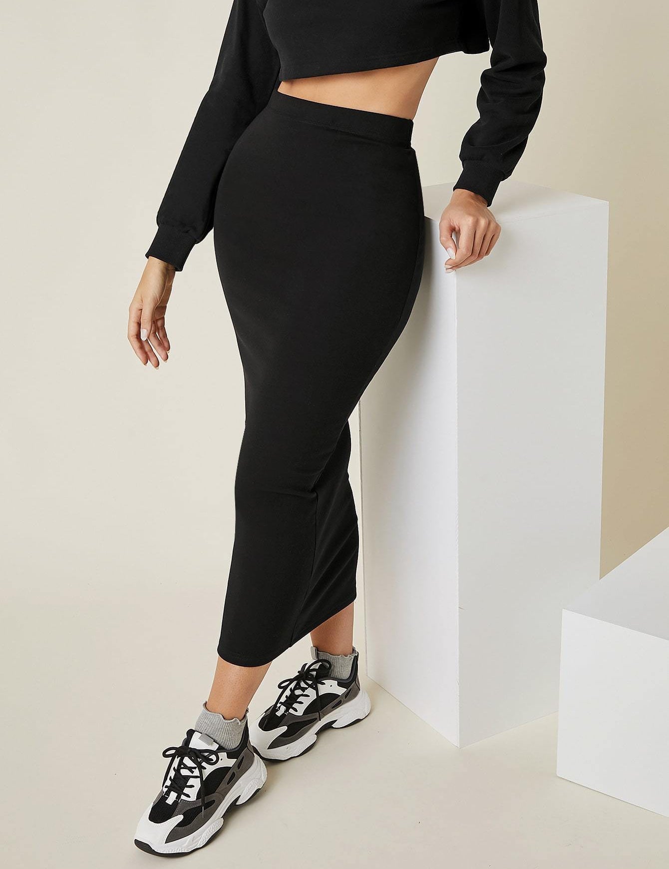 KOTTY Solid Women Pencil Black Skirt 