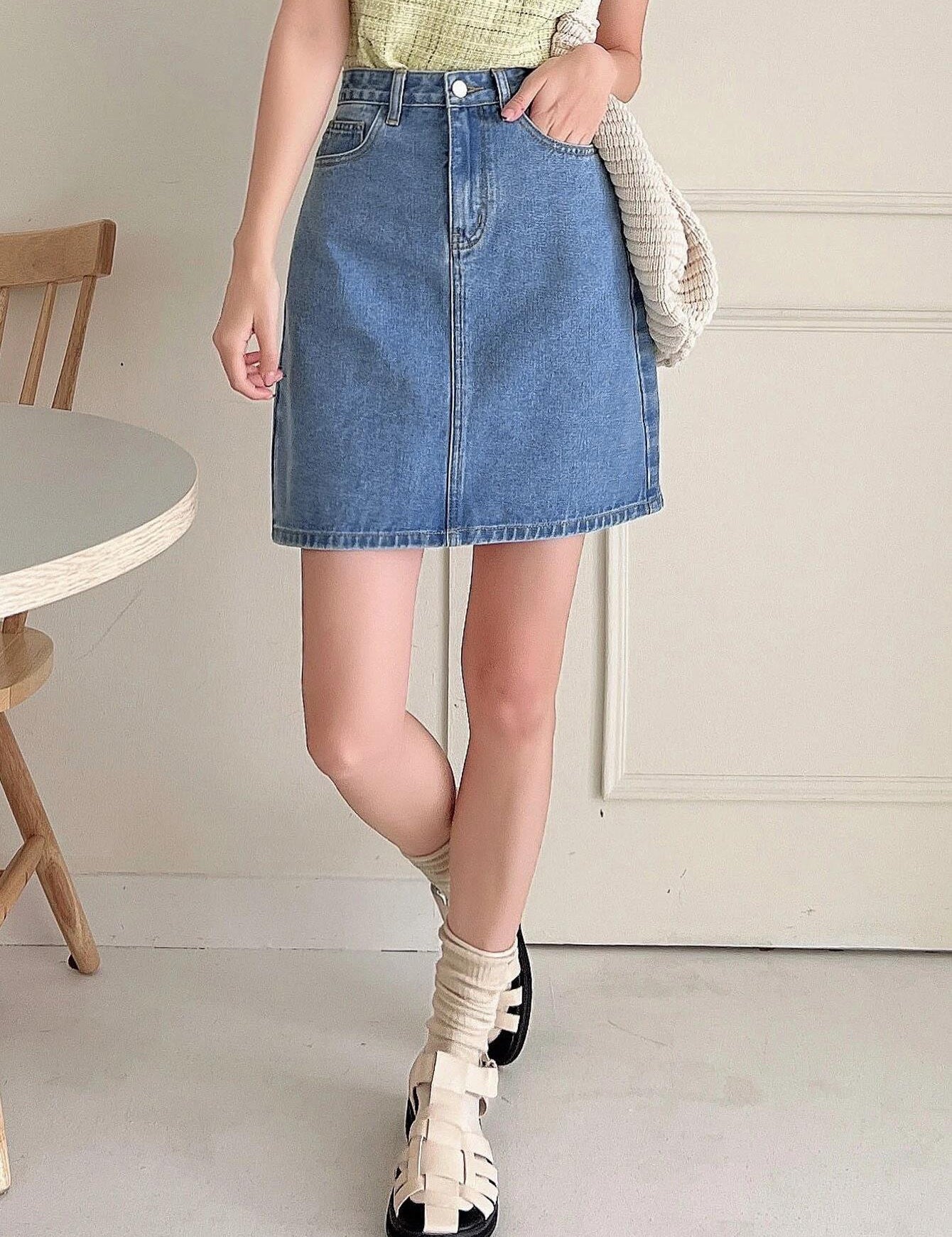 KOTTY Solid Women A-line Light Blue Skirt 