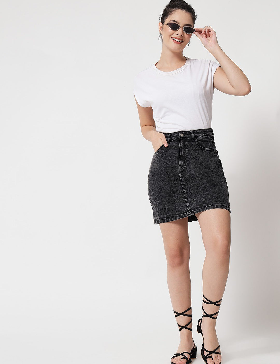 KOTTY Solid Women Straight Black Skirt 