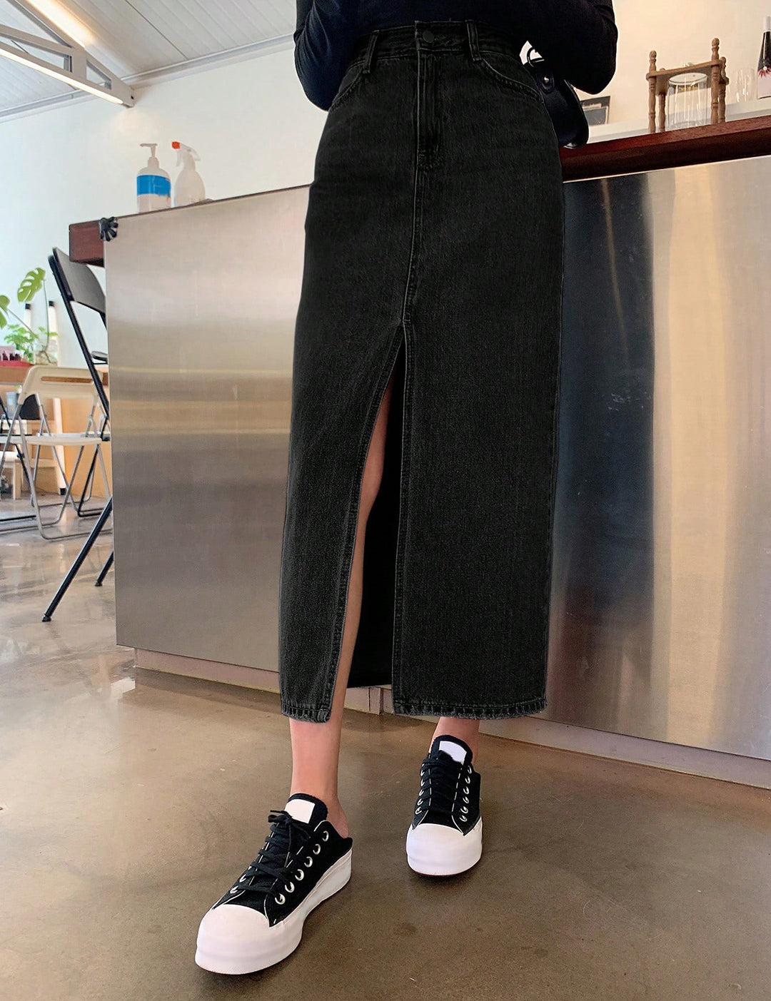 KOTTY Solid Women Straight Black Skirt 