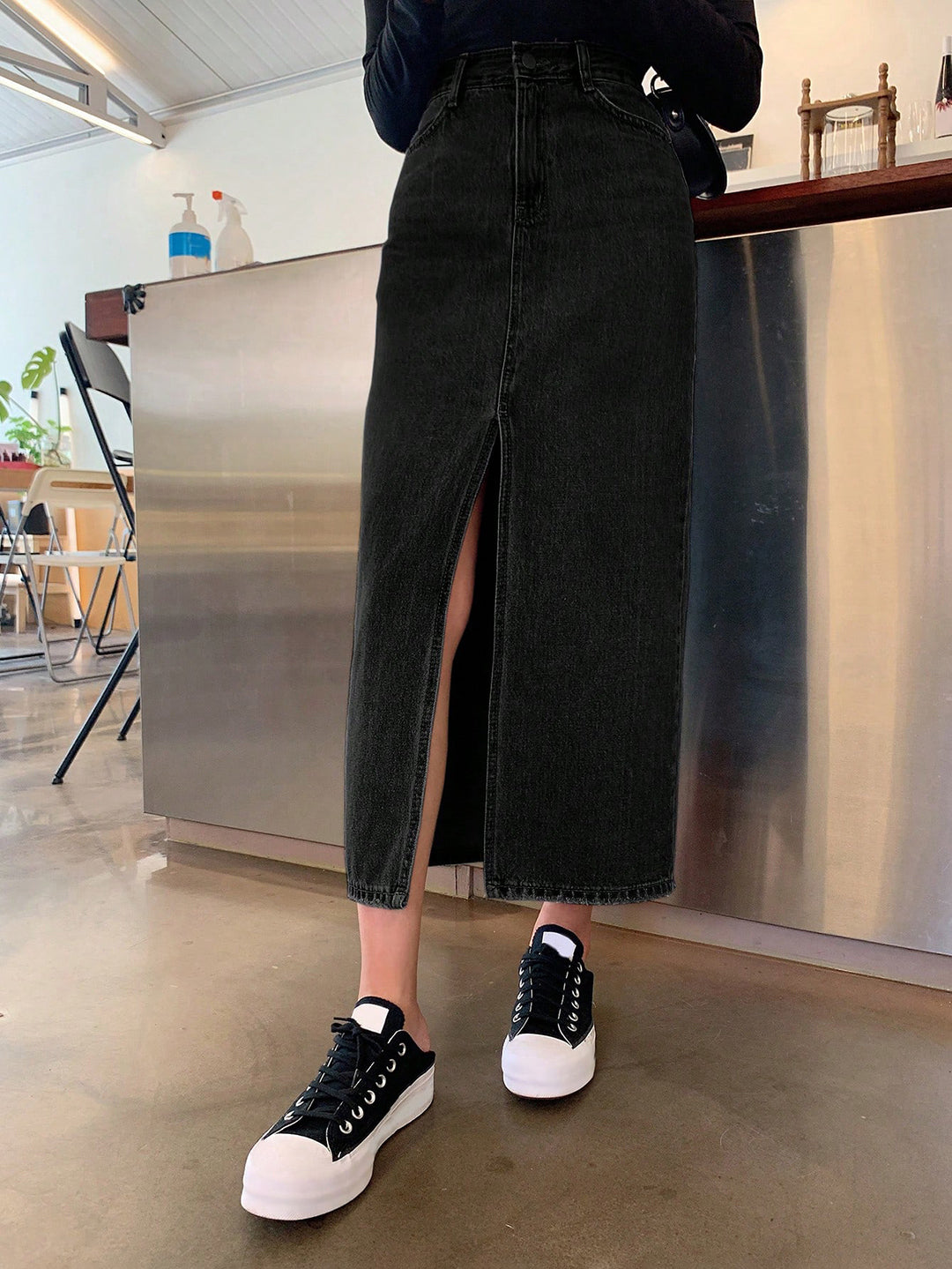 KOTTY Solid Women Straight Black Skirt 