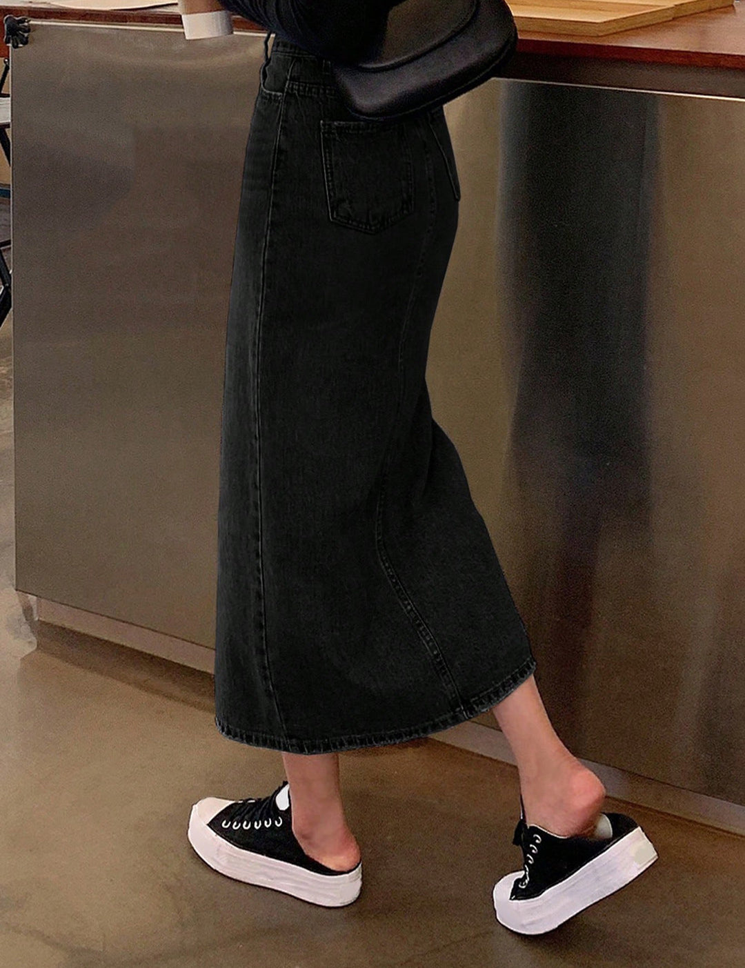 KOTTY Solid Women Straight Black Skirt 
