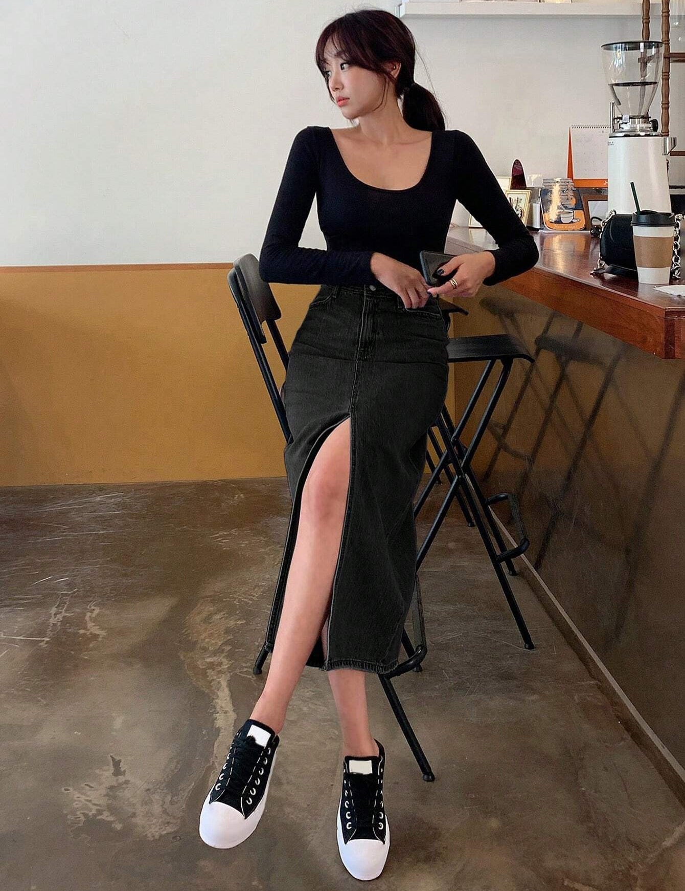 KOTTY Solid Women Straight Black Skirt 