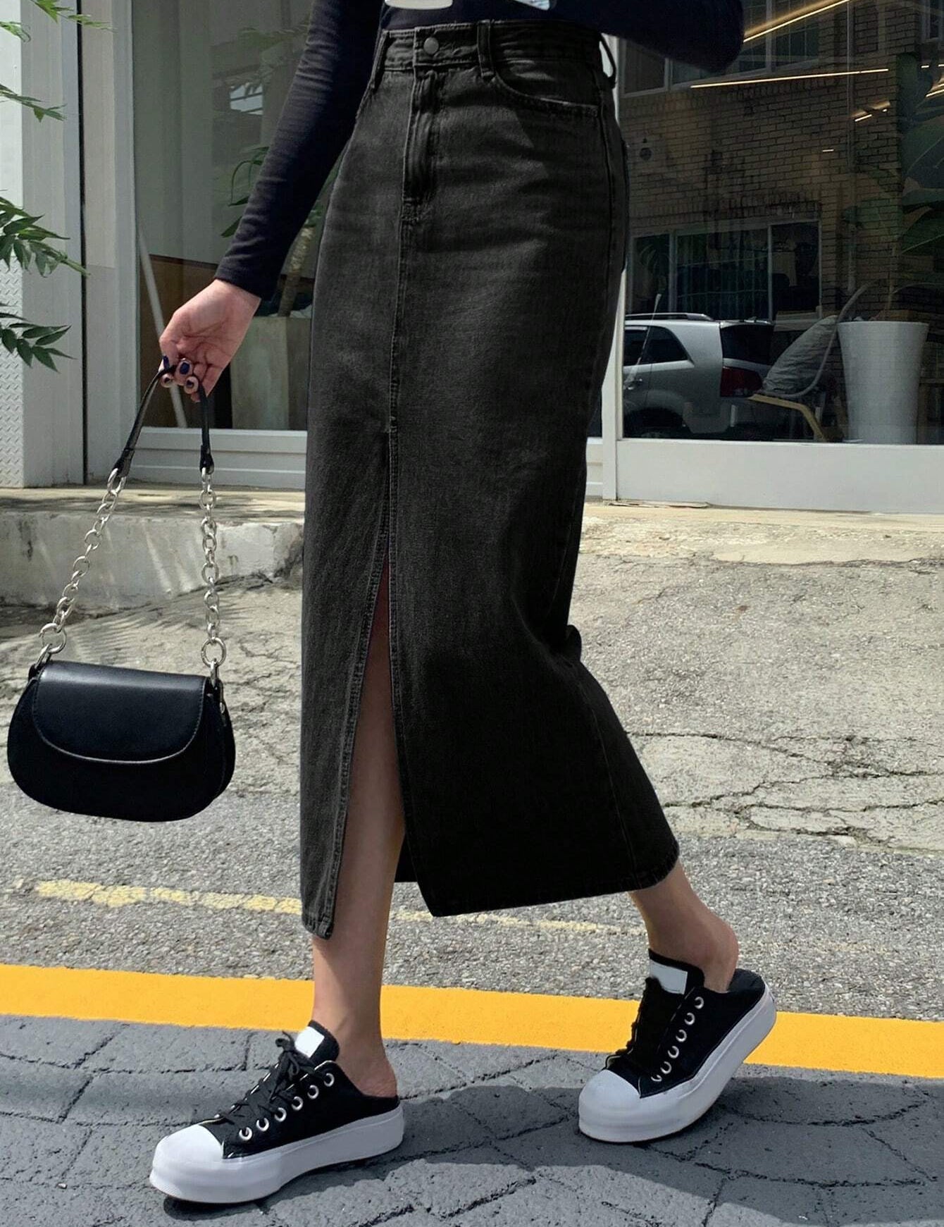 KOTTY Solid Women Straight Black Skirt 