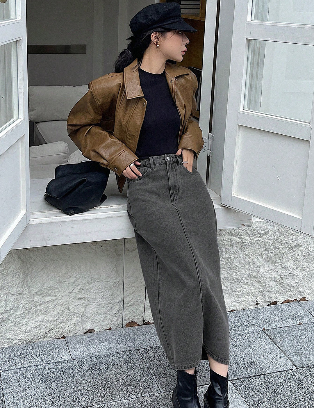KOTTY Solid Women Straight Grey Skirt 