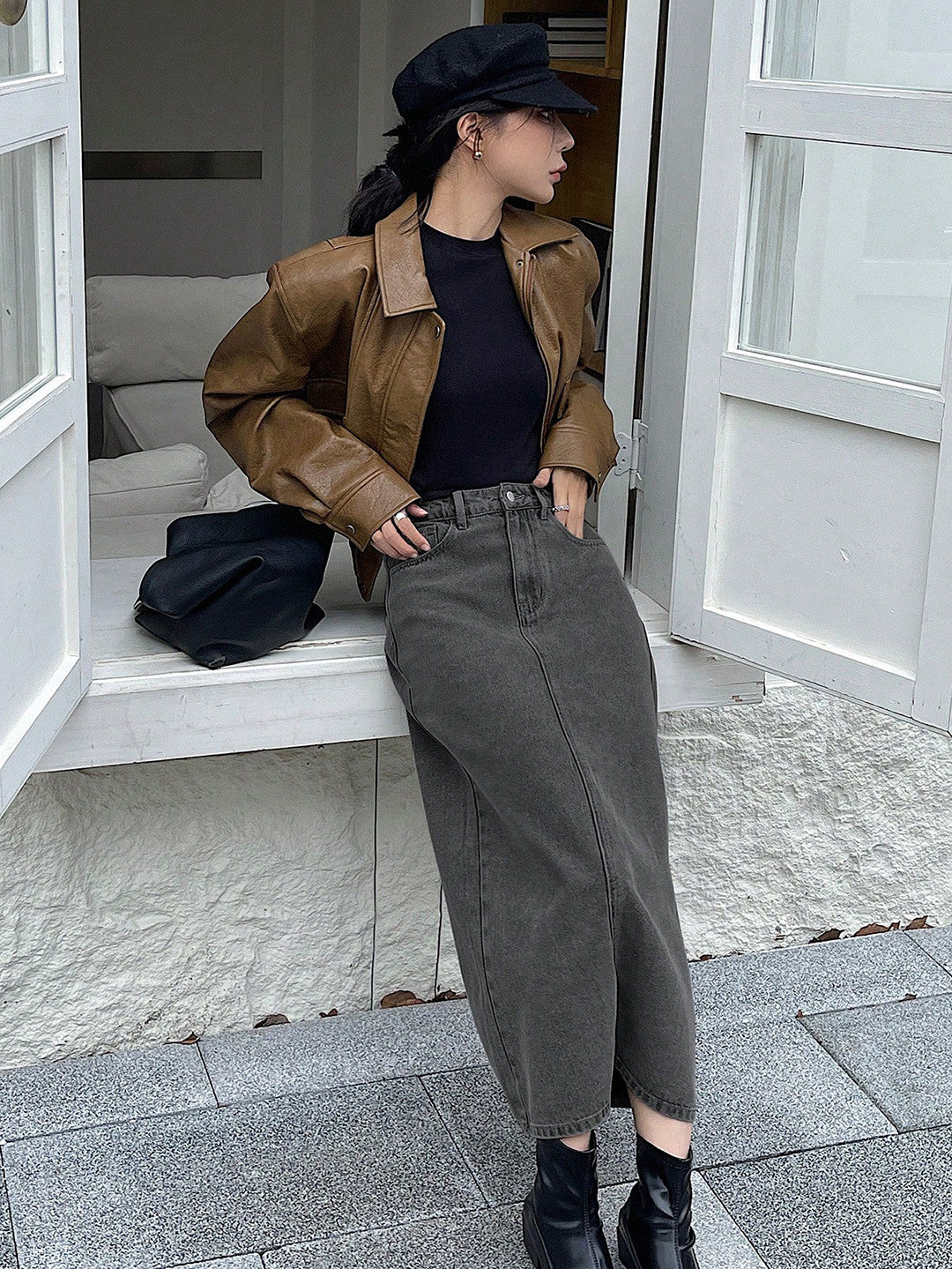 KOTTY Solid Women Straight Grey Skirt 