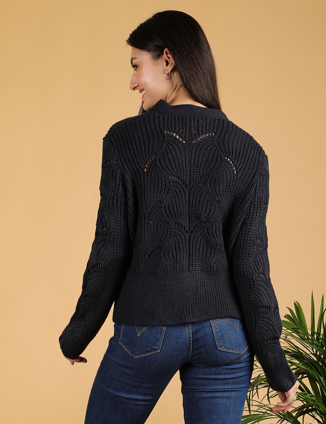 KOTTY Self Design V Neck Casual Women Black Sweater 