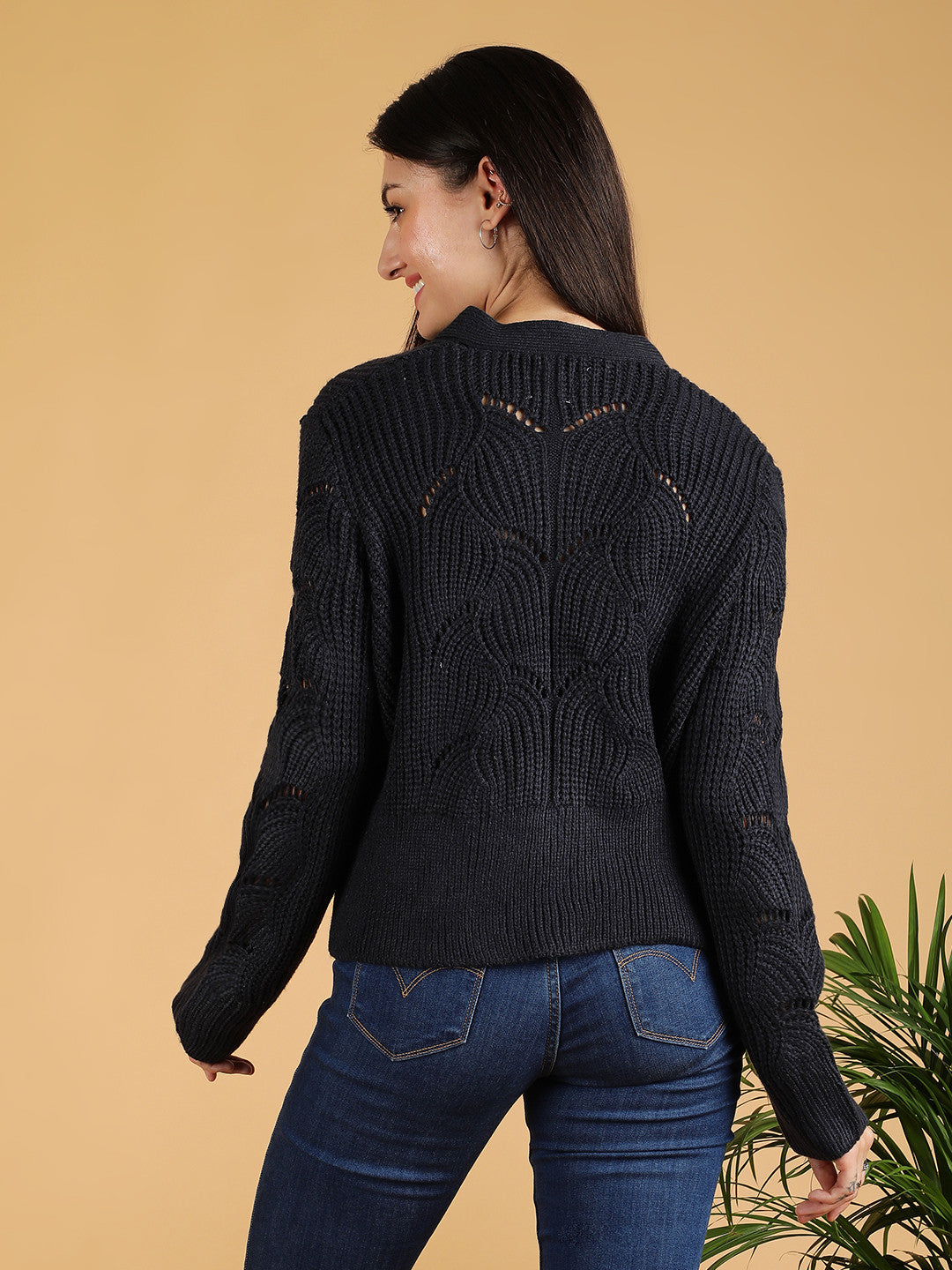 KOTTY Self Design V Neck Casual Women Black Sweater 