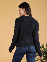 KOTTY Self Design V Neck Casual Women Black Sweater 