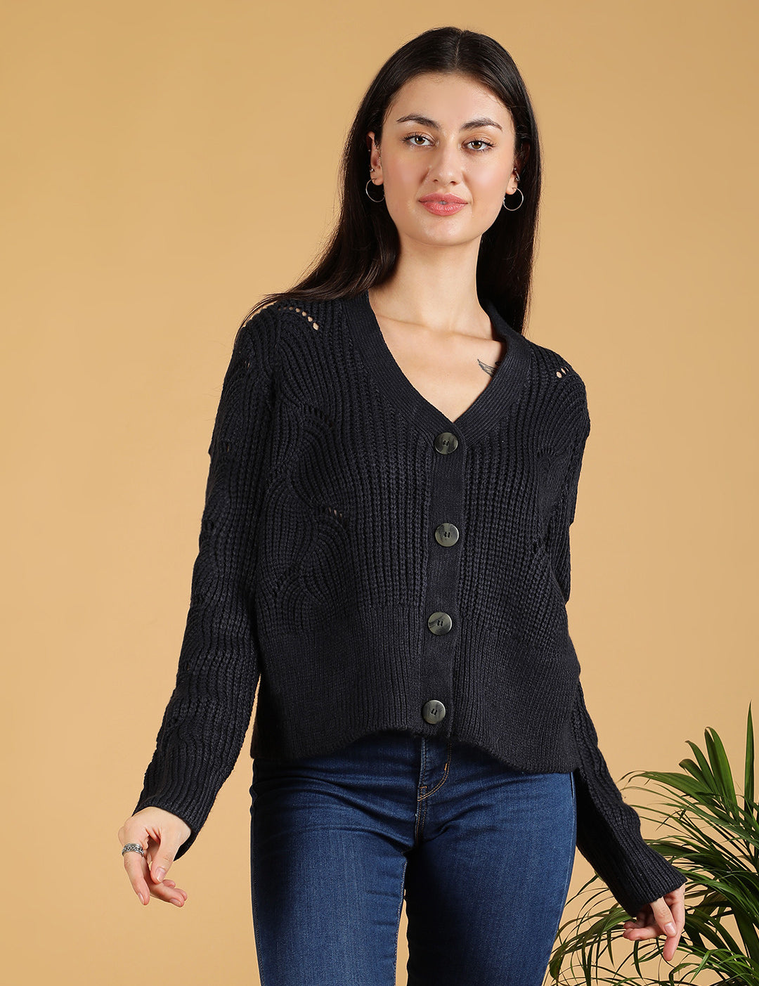 KOTTY Self Design V Neck Casual Women Black Sweater 