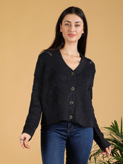 KOTTY Self Design V Neck Casual Women Black Sweater 
