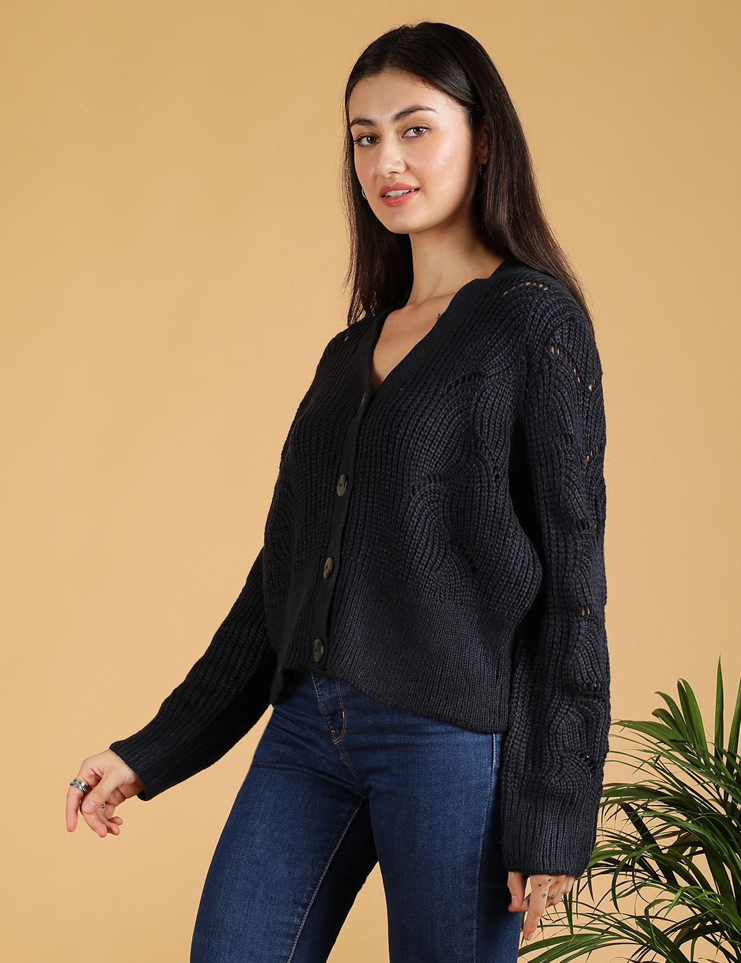 KOTTY Self Design V Neck Casual Women Black Sweater 