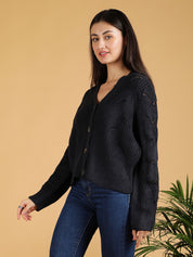 KOTTY Self Design V Neck Casual Women Black Sweater 