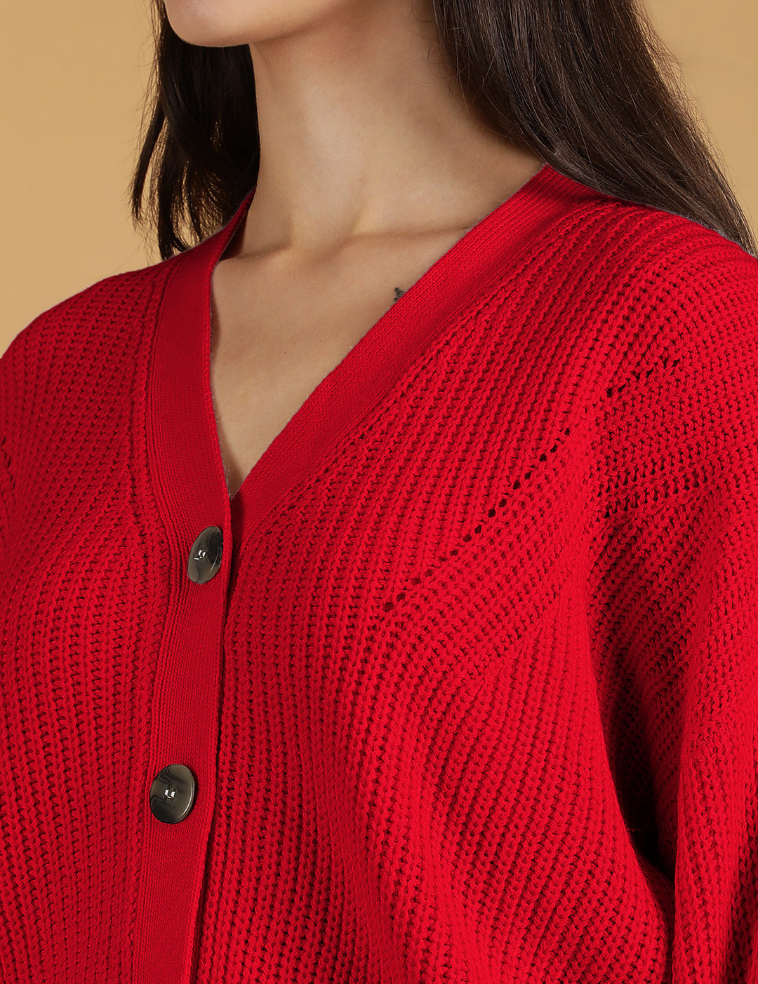 KOTTY Self Design V Neck Casual Women Red Sweater 