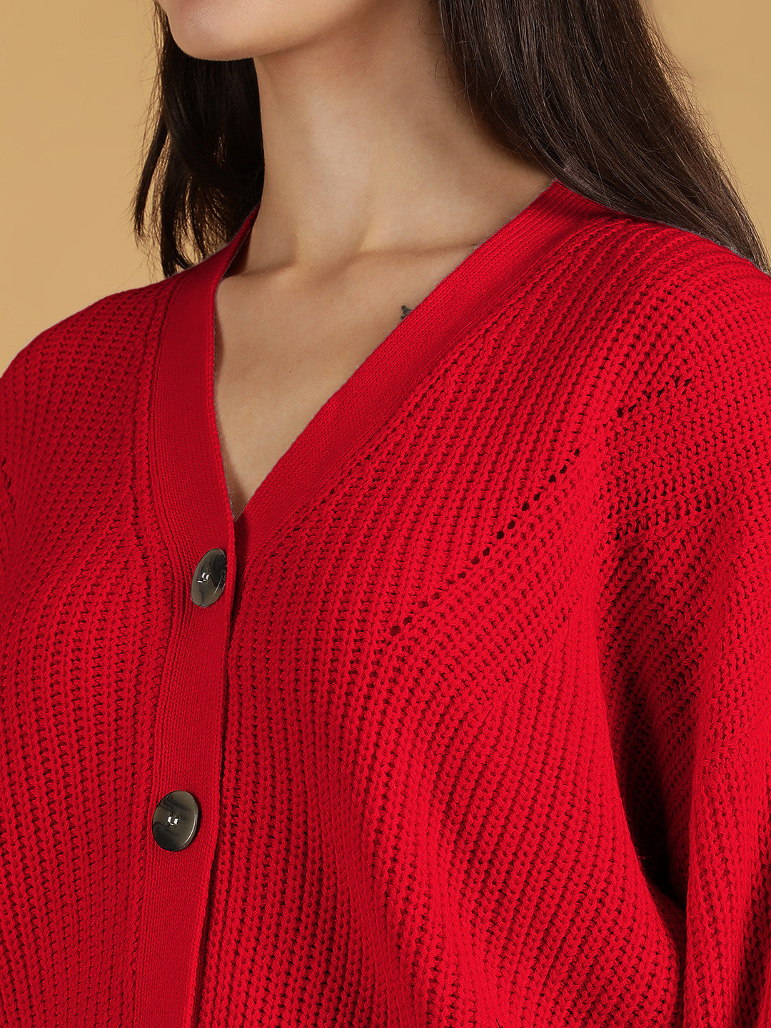 KOTTY Self Design V Neck Casual Women Red Sweater 