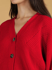 KOTTY Self Design V Neck Casual Women Red Sweater 