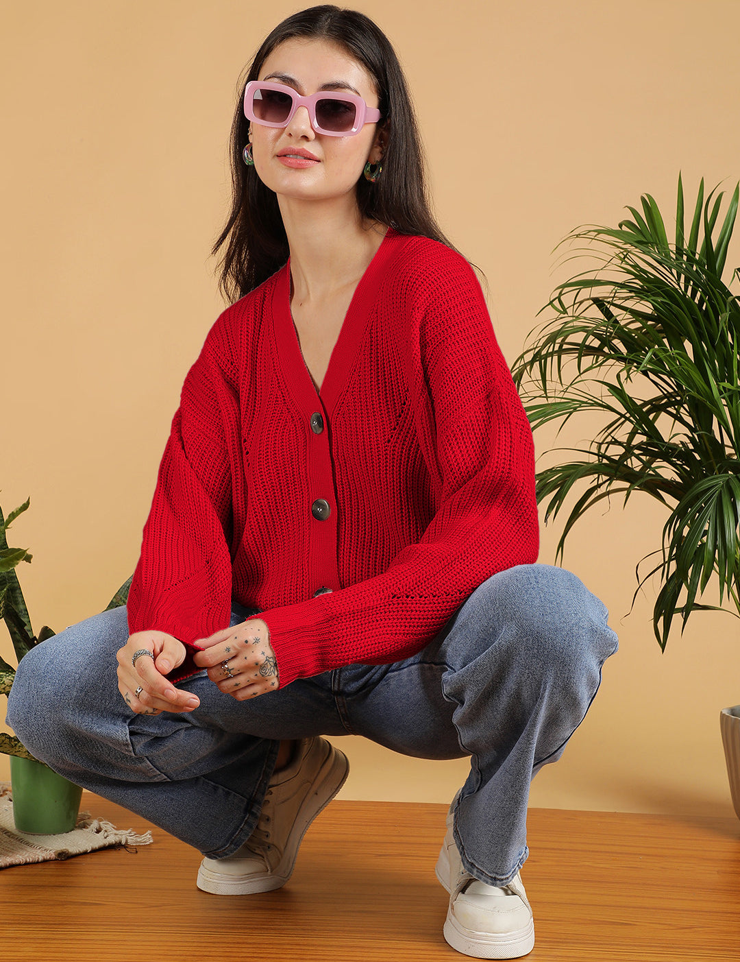 KOTTY Self Design V Neck Casual Women Red Sweater 
