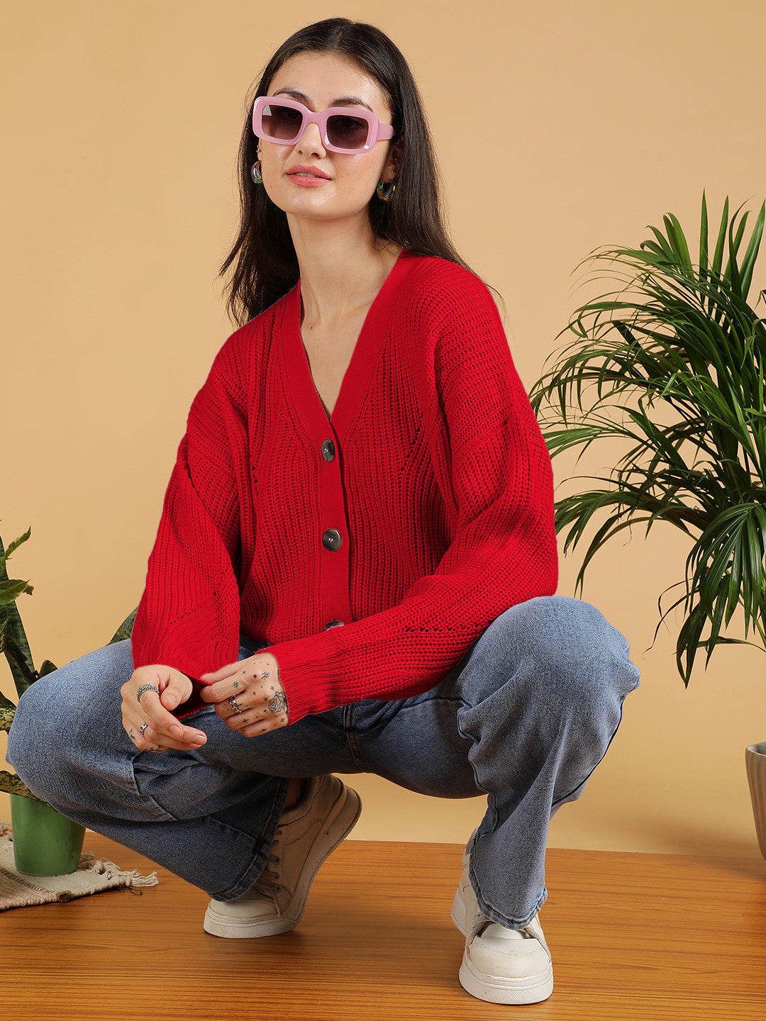KOTTY Self Design V Neck Casual Women Red Sweater 