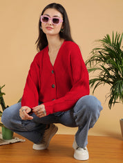 KOTTY Self Design V Neck Casual Women Red Sweater 