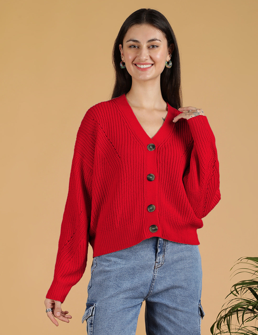 KOTTY Self Design V Neck Casual Women Red Sweater 