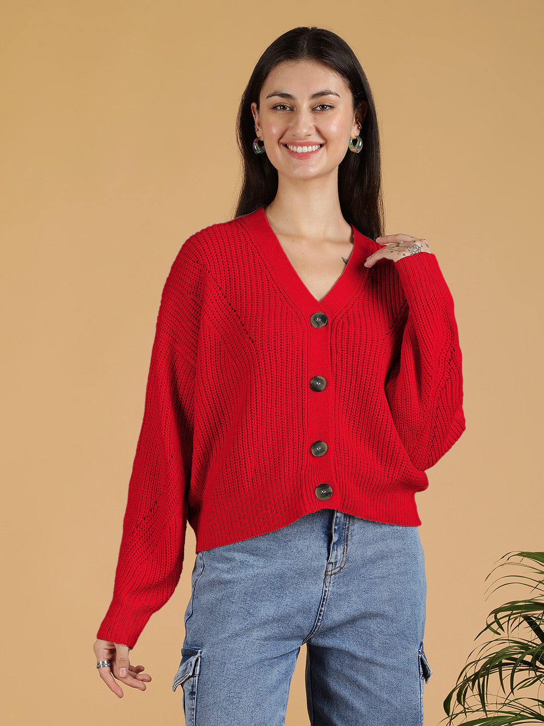 KOTTY Self Design V Neck Casual Women Red Sweater 